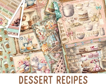 May include: A digital junk journal kit with a vintage aesthetic featuring images of desserts, baking supplies, and kitchen scenes. The kit includes journal pages, embellishments, and papers. The text "DESSERT RECIPES" is displayed in a brown banner at the bottom of the image.