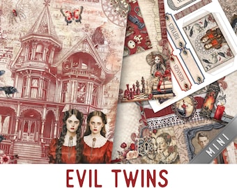 Evil Twins Junk Journal Kit MINI, Halloween Junk Journal Crafting Printables Kit Halloween Junk Journal Embellishments Paper Craft 003694