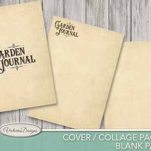 Pu&ograve; includere: Una copertina di diario stampabile con il testo "Garden Journal" in un font vintage. La copertina &egrave; di colore beige chiaro con una texture usurata. Il testo "Victoria Designs" &egrave; nell'angolo in basso a sinistra.