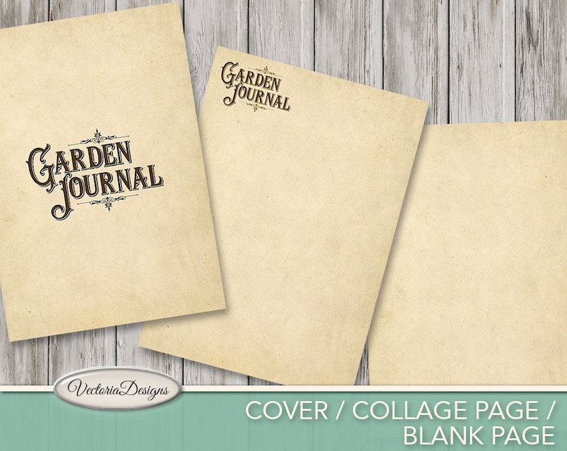 Pu&ograve; includere: Una copertina di diario stampabile con il testo "Garden Journal" in un font vintage. La copertina &egrave; di colore beige chiaro con una texture usurata. Il testo "Victoria Designs" &egrave; nell'angolo in basso a sinistra.