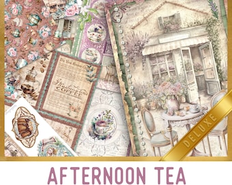 May include: A digital scrapbooking kit with a vintage aesthetic featuring images of teacups, teapots, flowers, and a tea shop. The kit includes journal pages, embellishments, and papers. The text "Afternoon Tea" and "Deluxe" are visible on the image.
