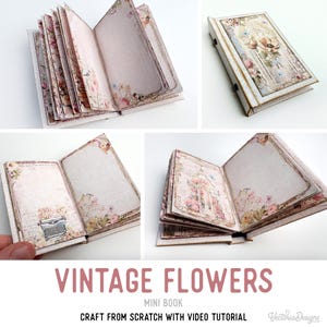 May include: A miniature book with floral and vintage-style illustrations. The pages are open, revealing delicate floral patterns and aged paper textures. The cover features a floral design. The text "VINTAGE FLOWERS MINI BOOK" is displayed below the book.
