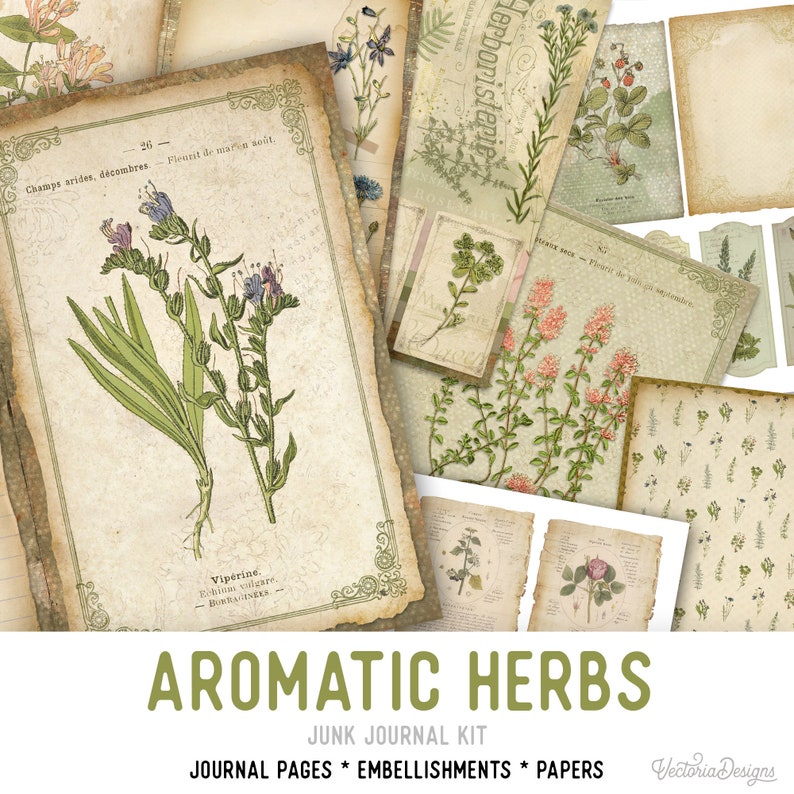 Aromatic Herbs Junk Journal Kit, Junk Journal Supplies, Junk Journal Printables, Junk Journal Ephemera, DIY Kit, Digital Journal Kit 002263 image 1