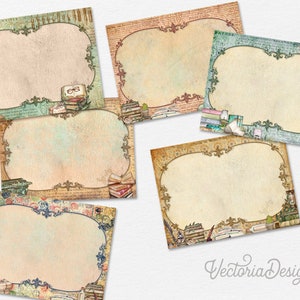 May include: Set of six vintage-style printable cards with ornate frames and a background of old books, typewriters, and other antique objects. The cards are perfect for adding a touch of vintage charm to your projects.