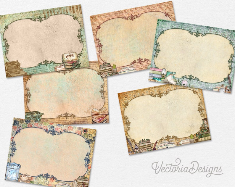 May include: Set of six vintage-style printable cards with ornate frames and a background of old books, typewriters, and other antique objects. The cards are perfect for adding a touch of vintage charm to your projects.