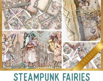 Steampunk Fairies Junk Journal Kit DELUXE Steampunk Fairy Crafting Junk Journal Embellishments Printable Paper Craft Kits Tutorial 003074