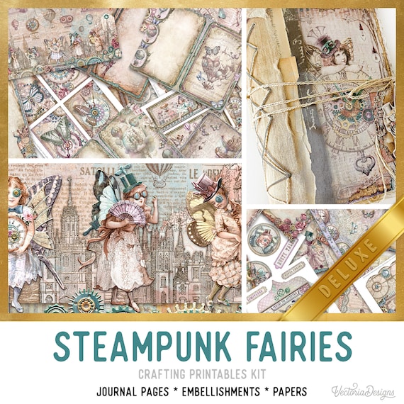 Steampunk Fairies Junk Journal Kit DELUXE Steampunk Fairy Crafting Junk Journal Embellishments Printable Paper Craft Kits Tutorial 003074