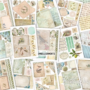 May include: A collection of digital papers featuring birds, floral elements, and vintage-inspired designs. The papers are in shades of blue, green, and brown, with a distressed, aged look. The papers are perfect for scrapbooking, card making, and other paper crafts.