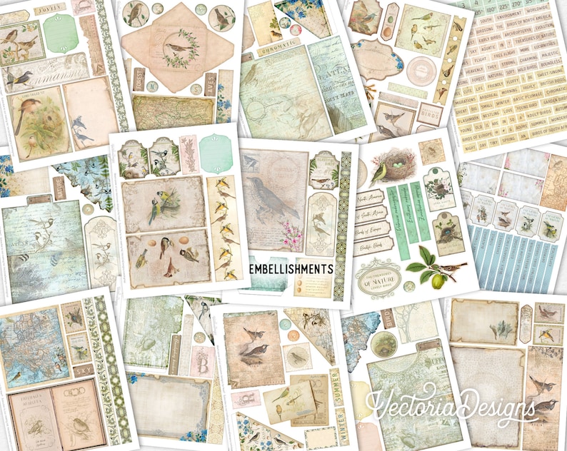 May include: A collection of digital papers featuring birds, floral elements, and vintage-inspired designs. The papers are in shades of blue, green, and brown, with a distressed, aged look. The papers are perfect for scrapbooking, card making, and other paper crafts.
