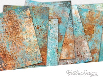 Turquoise Blue Rust Paper Pack, Printable Paper Pack, Digital Paper, Antique Paper Pack, DIY Paper Pack, Scrapbook Paper 002285