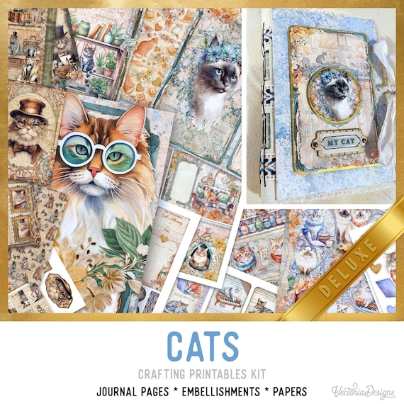Cats Junk journal Kit DELUXE Large - Printable Pages, Papers and Embellishments for Crafting - 003077