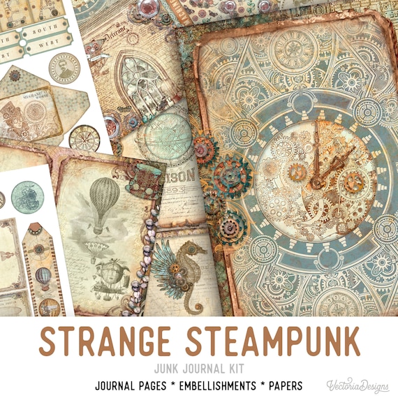 Strange Steampunk Junk Journal Kit, Steampunk Embellishments, Steampunk Junk Journal Kit, Craft kits, Printable Junk Journal Kit - 002519