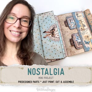 May include: A paper craft mini project kit titled NOSTALGIA MINI PROJECT PREDESIGNED PARTS * JUST PRINT, CUT & ASSEMBLE. The kit features light blue paper with gold polka dots, a decorative bow, and vintage-style ephemera with butterfly motifs.