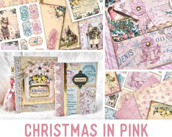 Christmas In Pink, Junk Journal Kit, Printable Christmas Crafting, Sheets In Pink, Holiday Decor, Paper Crafting, Xmas Embellishments 002325
