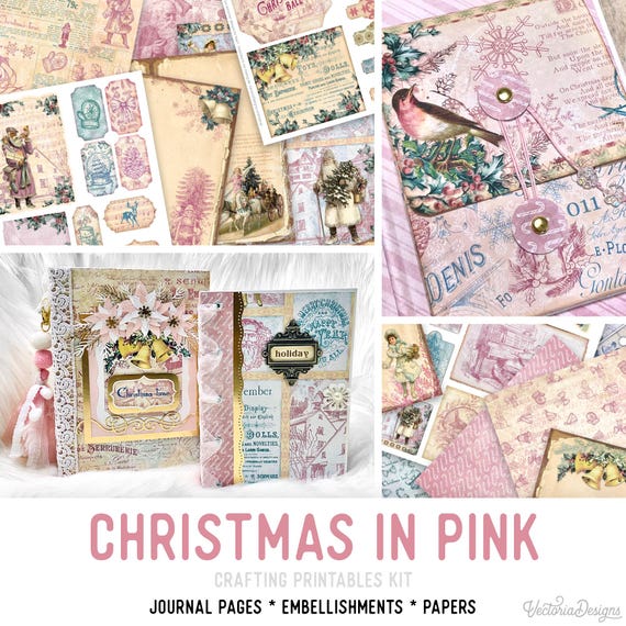 Pink Christmas Junk Journal Kit - Printable Pages, Papers and Embellishments - 002325