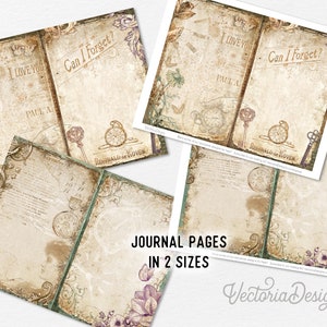 Op de afbeelding: Twee afdrukbare journalpagina's met een vintage uitstraling. De pagina's hebben een verweerde achtergrond met bloemen- en sleutelgatontwerpen. De tekst op de pagina's luidt "Ik hou van je" en "Kan ik vergeten?"