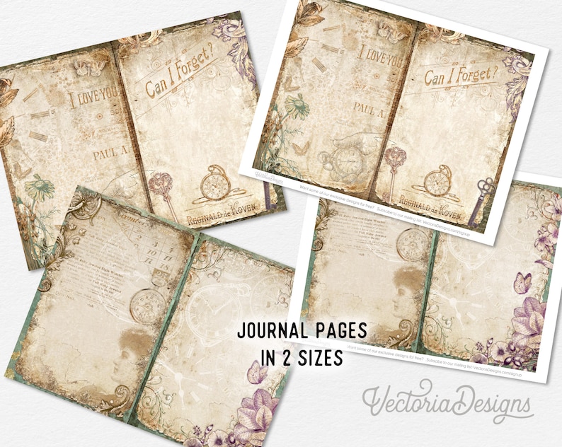 Op de afbeelding: Twee afdrukbare journalpagina's met een vintage uitstraling. De pagina's hebben een verweerde achtergrond met bloemen- en sleutelgatontwerpen. De tekst op de pagina's luidt "Ik hou van je" en "Kan ik vergeten?"