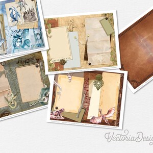 May include: Five printable digital papers featuring a vintage aesthetic with dragon and fantasy themes. The papers have a distressed, aged look with a variety of textures and colors, including brown, beige, blue, and green. Each paper includes a blank space for writing or drawing.