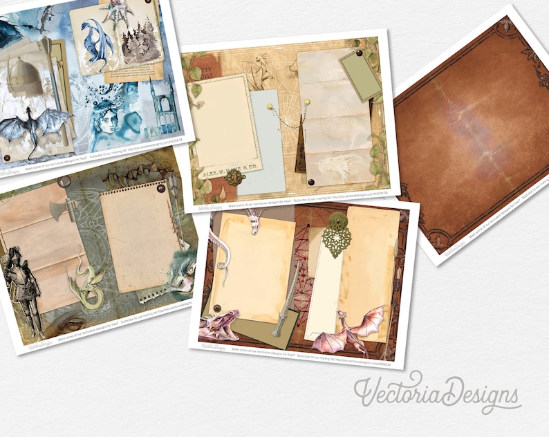 May include: Five printable digital papers featuring a vintage aesthetic with dragon and fantasy themes. The papers have a distressed, aged look with a variety of textures and colors, including brown, beige, blue, and green. Each paper includes a blank space for writing or drawing.