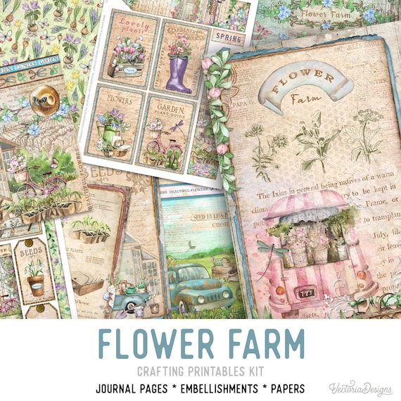 Flower Farm Junk Journal Kit (Standard) - Printable Pages, Papers and Embellishments for Crafting - 002849