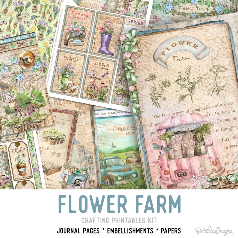 Flower Farm Crafting Printables Kit Printable Flower Farm Junk Journal Floral Embellishments Printable Craft Kit Scrapbook Paper 002849 image 1
