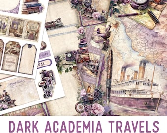 Puede incluir: Un kit de diario de chatarra digital con un tema de academia oscura. El kit incluye páginas de diario, adornos y papeles con imágenes de trenes, barcos, mapas y flores en tonos morados y grises.