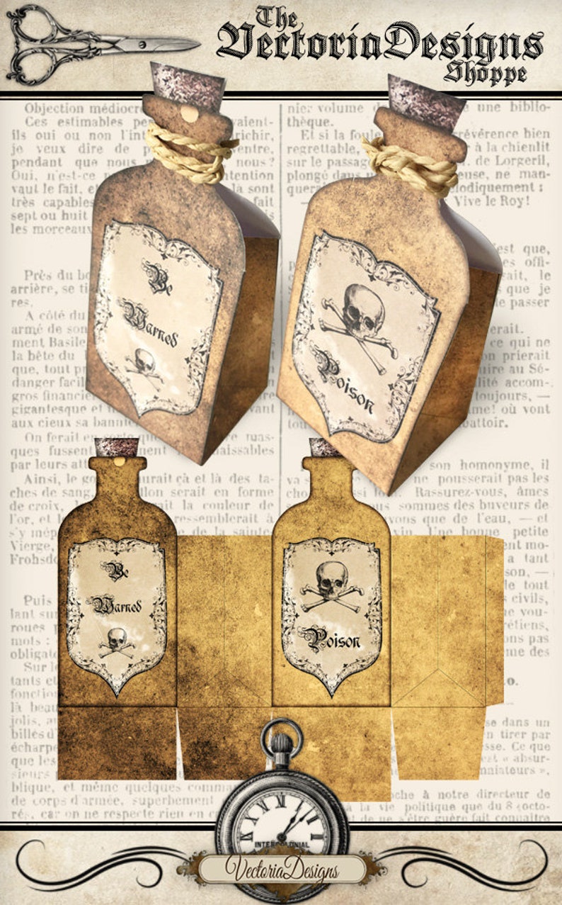 May include: A printable set of vintage-style potion bottle favour boxes with a skull and crossbones design. The boxes are labelled "Poison" and "Barnes".