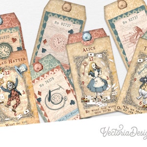 Alice in Wonderland Tags With Pockets, Printable Tags, Junk Journal Embellishments, Digital Tags, Scrapbooking Supplies, Digital - 002531