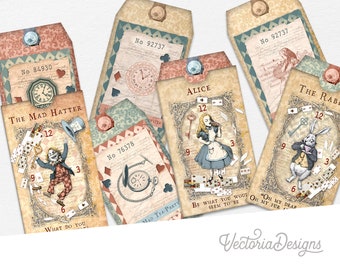 Alice in Wonderland Tags With Pockets, Printable Tags, Junk Journal Embellishments, Digital Tags, Scrapbooking Supplies, Digital - 002531