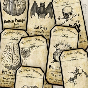 May include: A collection of vintage apothecary labels with illustrations of a pumpkin, bat, skull and crossbones, brain, spider web, cauldron, witch, frog, and a clock. The labels are printed on aged paper with black text and borders. The text on the labels includes "The Magic Apothecary", "Rotten Pumpkin Juice", "Bat Eyes", "Brain Juice", "Witch Essence", "Bullfrog Slime", and "Witch to Grow".