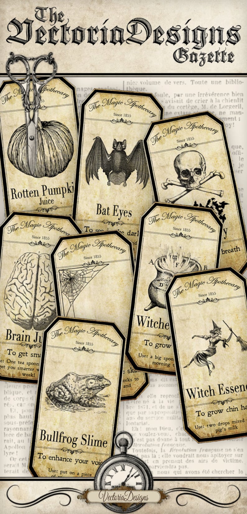 May include: A collection of vintage apothecary labels with illustrations of a pumpkin, bat, skull and crossbones, brain, spider web, cauldron, witch, frog, and a clock. The labels are printed on aged paper with black text and borders. The text on the labels includes "The Magic Apothecary", "Rotten Pumpkin Juice", "Bat Eyes", "Brain Juice", "Witch Essence", "Bullfrog Slime", and "Witch to Grow".