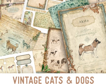 Vintage Cats & Dogs Junk Journal Kit Cats Printable Junk Journal Kit Dogs Embellishments Cats Junk Journal Papers DIY Dogs Craft kit 002394