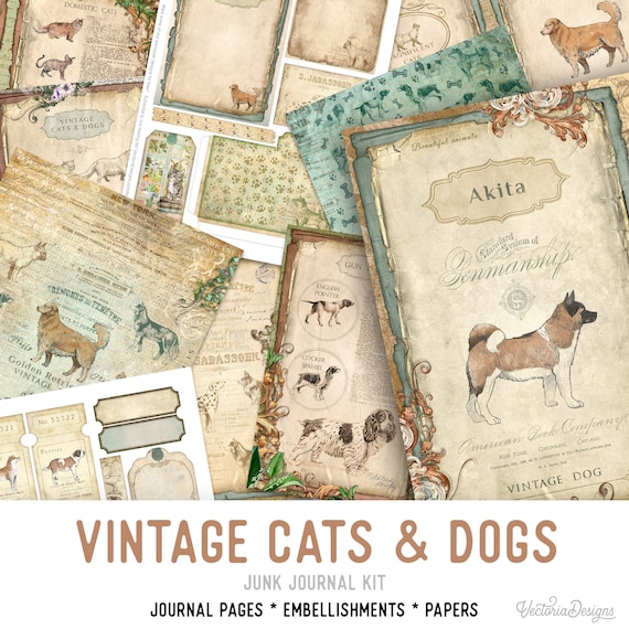 Vintage Cats & Dogs Junk Journal Kit - Printable Pages for Crafting - 002394