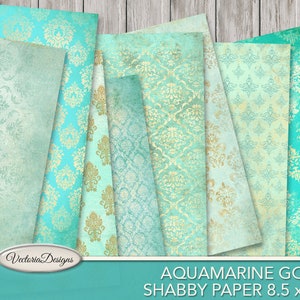 Aquamarine Gold Paper Pack, Shabby Elegant Journal, Junk Journal Pages, Scrapbook Paper, Instant Download, Digital Collage Sheets 001762