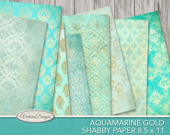 Aquamarine Gold Paper Pack, Shabby Elegant Journal, Junk Journal Pages, Scrapbook Paper, Instant Download, Digital Collage Sheets 001762