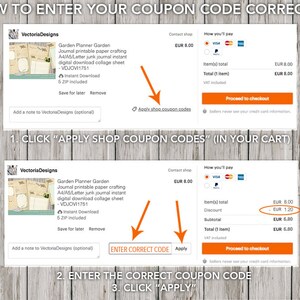 May include: A screenshot of a computer screen showing how to enter a coupon code on a website. The screen shows a shopping cart with a total of EUR 8.00. The user is instructed to click "Apply Shop Coupon Codes" and then enter the correct coupon code and click "Apply".