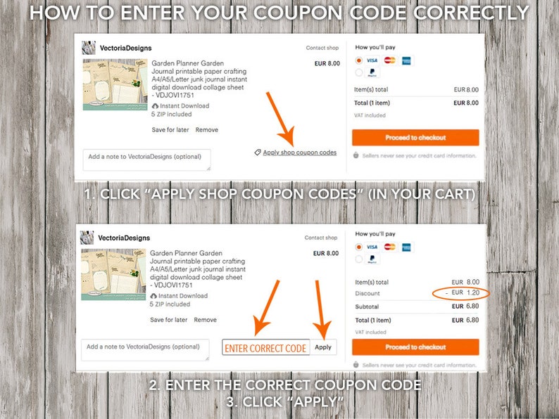 May include: A screenshot of a computer screen showing how to enter a coupon code on a website. The screen shows a shopping cart with a total of EUR 8.00. The user is instructed to click "Apply Shop Coupon Codes" and then enter the correct coupon code and click "Apply".