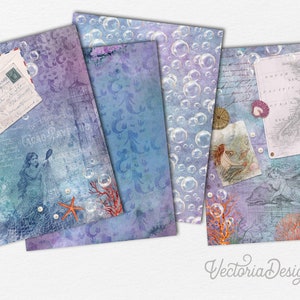 May include: A set of six digital papers featuring a blue and purple watercolor background with bubbles, mermaids, and nautical elements. The papers include a vintage postcard, a map of New Zealand, and coral.