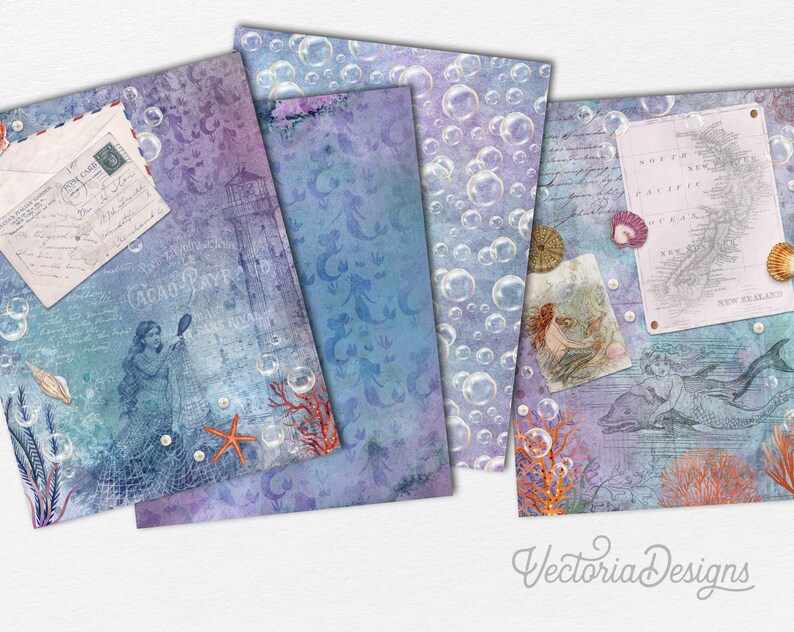May include: A set of six digital papers featuring a blue and purple watercolor background with bubbles, mermaids, and nautical elements. The papers include a vintage postcard, a map of New Zealand, and coral.