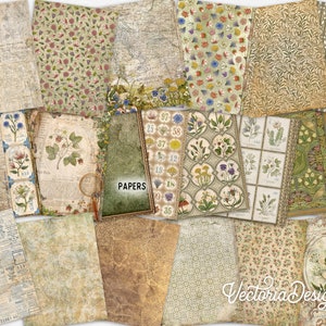 K&ouml;nnte beinhalten: Eine Sammlung von 16 digitalen Papieren mit Vintage- botanischen Illustrationen, floralen Mustern und strukturierten Hintergr&uuml;nden. Die Papiere sind in Gr&uuml;n-, Braun- und Cremet&ouml;nen gehalten.