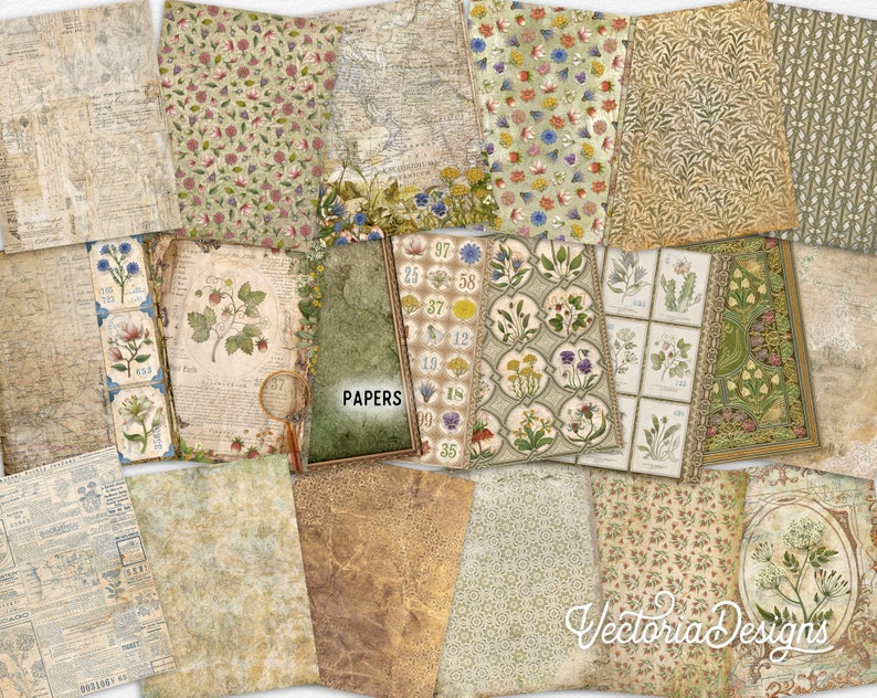 K&ouml;nnte beinhalten: Eine Sammlung von 16 digitalen Papieren mit Vintage- botanischen Illustrationen, floralen Mustern und strukturierten Hintergr&uuml;nden. Die Papiere sind in Gr&uuml;n-, Braun- und Cremet&ouml;nen gehalten.