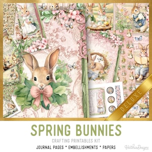 Spring Bunnies Junk Journal Kit DELUXE, Bunny Crafting Printables Kit Bunny Embellishments Printable Paper Bunny Craft Kit Bunny 003331 image 1