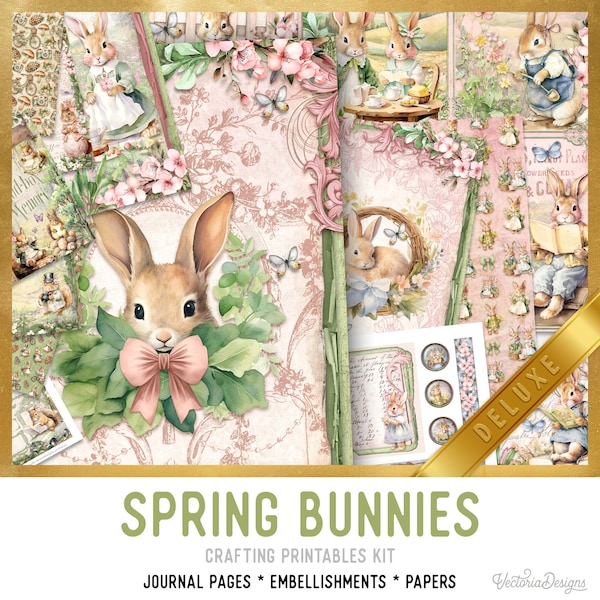 Spring Bunnies Junk Journal Kit DELUXE, Bunny Crafting Printables Kit Bunny Embellishments Printable Paper Bunny Craft Kit Bunny 003331