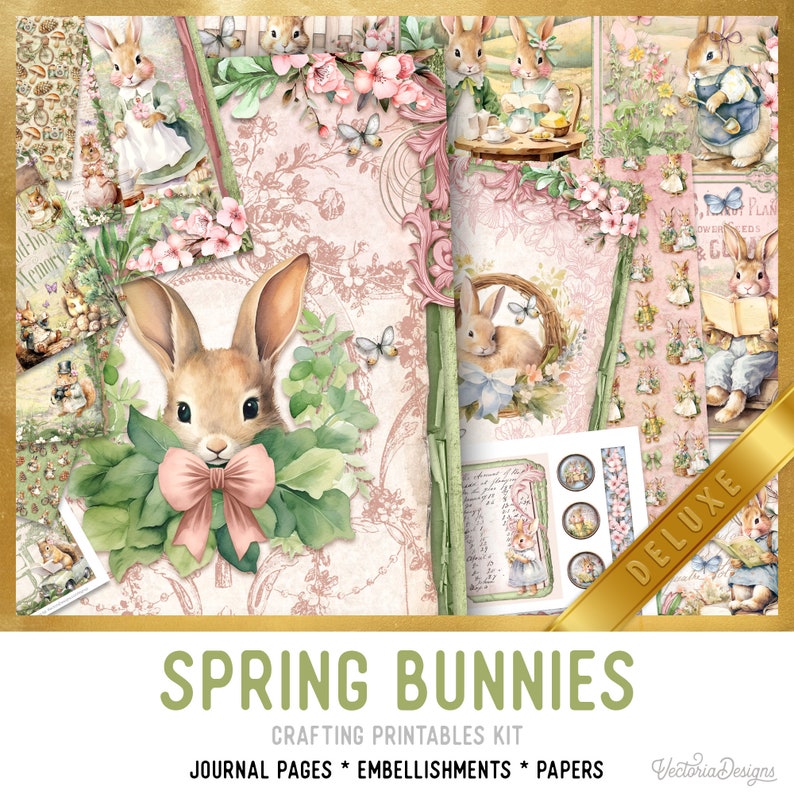 Spring Bunnies Junk Journal Kit DELUXE, Bunny Crafting Printables Kit Bunny Embellishments Printable Paper Bunny Craft Kit Bunny 003331 image 1