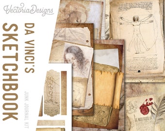 Da Vinci Sketchbook Junk Journal Kit, Printable Junk Journal Kit, Ephemera Journal Kit, Junk Journal Supplies, Digis Journal Da Vinci 002157