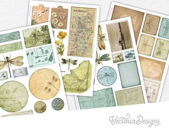 Dragonfly Lake Junk Journal Embellishments, Decorative Scrapbook Sheets, Printable Paper Crafting Supplies, DIY Scrapbook Ephemera - 002555