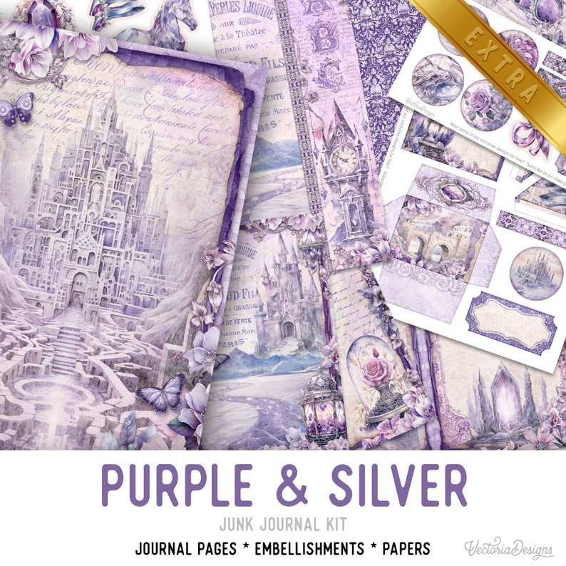 Purple and Gold Junk Journal Kit DELUXE, Purple Gold Crafting Printables Kit Purple Embellishments Printable Paper Craft Kit Tutorial 003318 image 6