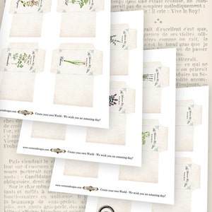 Puede incluir: Descarga digital imprimible de ocho paquetes de semillas de estilo vintage con ilustraciones de hierbas. Cada paquete tiene un borde azul claro y el texto "My Garden Herbs" en una fuente de escritura cursiva. El texto "Create your own World - We wish you an amazing day!" aparece en la parte inferior de la p&aacute;gina.