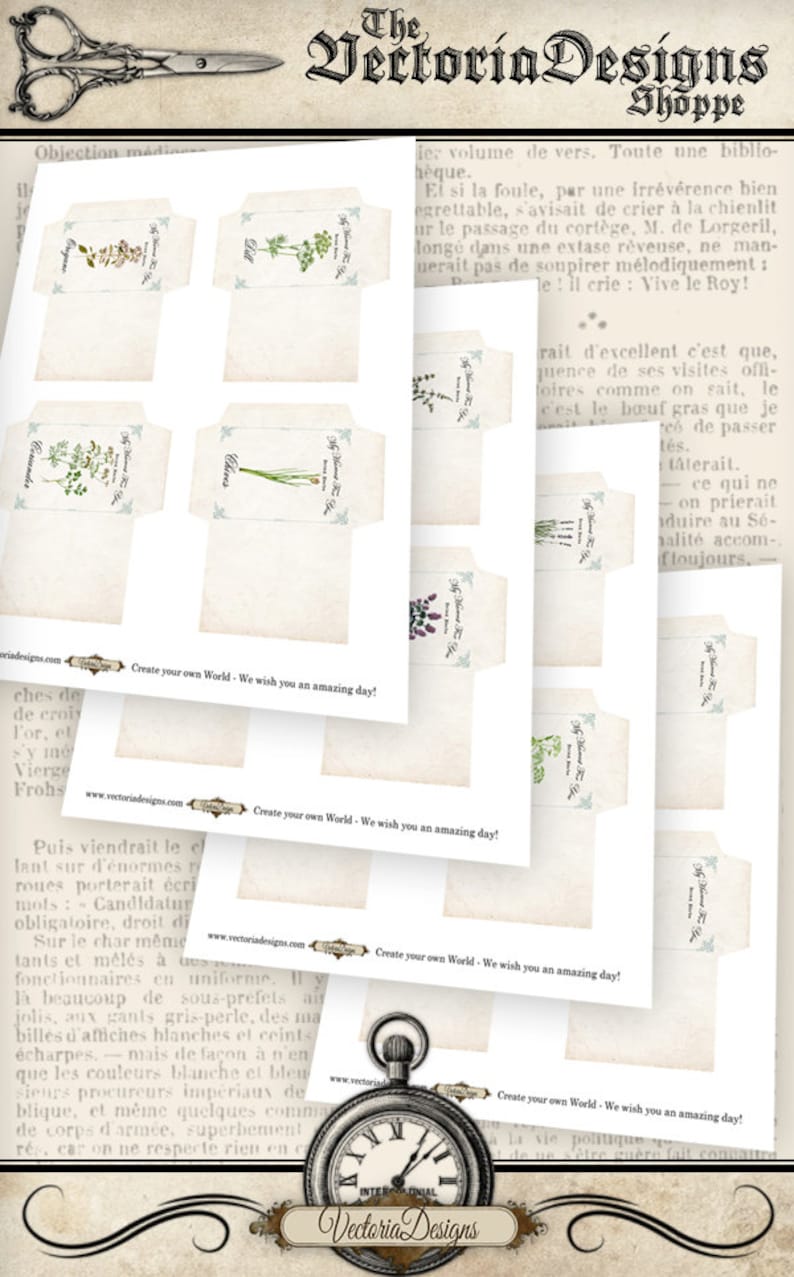 Puede incluir: Descarga digital imprimible de ocho paquetes de semillas de estilo vintage con ilustraciones de hierbas. Cada paquete tiene un borde azul claro y el texto "My Garden Herbs" en una fuente de escritura cursiva. El texto "Create your own World - We wish you an amazing day!" aparece en la parte inferior de la p&aacute;gina.