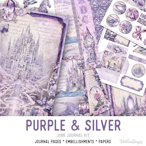Purple & Silver Junk Journal Kit, Purple Printable Junk Journal Kit Embellishments Purple Junk Journal Papers Purple Craft kit Purple 003261